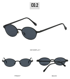 Three angles of oval retro sunglasses showing front and 45-degree side view displays