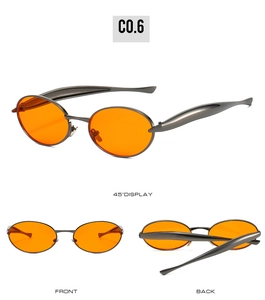 Detailed views of vintage oval sunglasses with metallic gunmetal frames and orange lenses