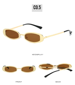 Trois angles de lunettes de soleil ovales rétro avec monture dorée et verres marrons