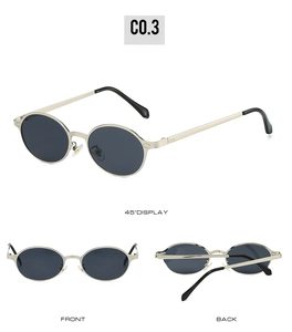 Three-angle view of silver oval sunglasses featuring dark grey lenses and metal frames