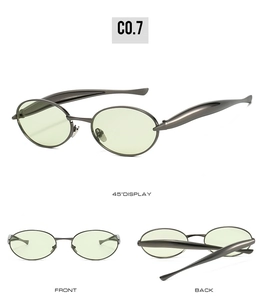 Detail view of oval metal sunglasses showing front, back, and 45-degree angles