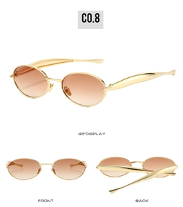 Three-way view of retro gold oval sunglasses featuring brown gradient lenses and metal frame