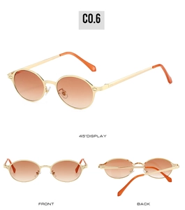 Detailed views of vintage oval sunglasses with gold frames and orange gradient lenses