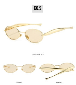 Three-angle view of oval golden metal sunglasses with light brown transparent lenses