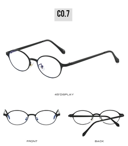 Three-angle display of oval retro sunglasses with matte black frames and blue-light lenses
