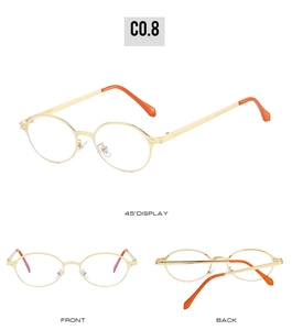 Multi-angle views of gold metal oval sunglasses with orange temple tips and retro frames