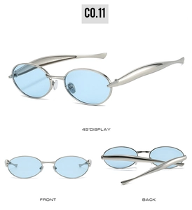 Detailed views of oval metal sunglasses featuring light blue lenses and silver frames