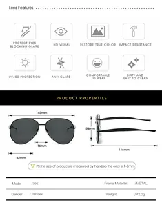 Detailed size chart and technical specifications for metal pilot frame sunglasses