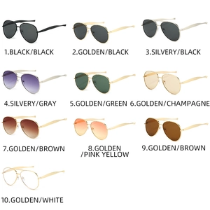 Detailed grid display of pilot sunglasses with metal frames in ten diverse lens colors