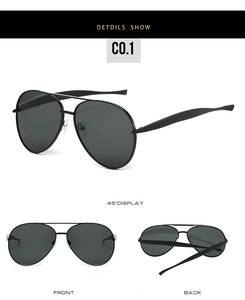 Detail view of classic black metal aviator sunglasses with double bridge and slim frame
