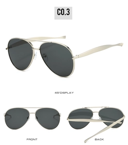 Three-way view of aviator sunglasses with gold metal frame and dark grey lenses