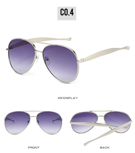 Detailed views of aviator sunglasses with gold metal frame and purple gradient lenses