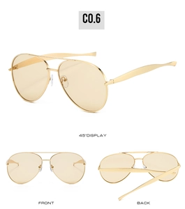 Detailed views of gold metal aviator sunglasses with yellow lenses from multiple angles