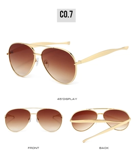 Detailed views of gold metal aviator sunglasses with brown gradient lenses from three angles