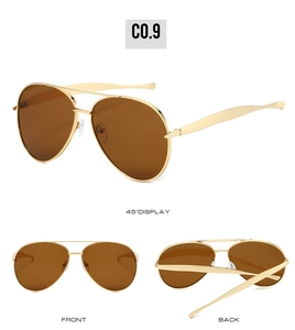 Classic pilot sunglasses with gold metal frame and dark brown lenses shown in multiple views