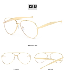 Detailed views of gold metal pilot frames and clear lenses from three different angles