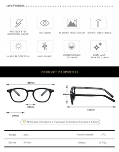 Detailed size specifications for black TR frame anti-blue light glasses for men and women