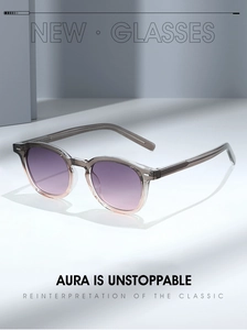 Detail of stylish sunglasses featuring purple gradient lenses and chic transparent frames