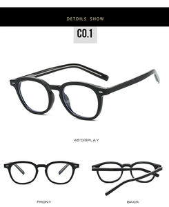Detail views of black TR anti-blue light glasses showing front and back frame angles