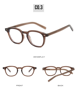 Three-angle view of retro brown TR glasses frames with metal rivets and blue light blocking