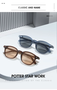 Detail of blue and brown transparent TR90 sunglasses with metallic rivets and stylish lenses