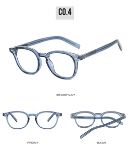 Three-angle views of retro round TR frame blue light blocking glasses in translucent blue