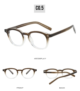 Three-view display of vintage round gradient brown TR glasses with metal core temples