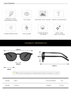 Detailed size specifications and UV400 protection features for model 28011 black sunglasses