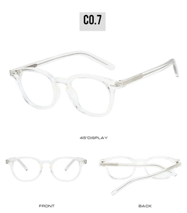 Three perspectives of transparent round TR glasses with silver metal inner core temple