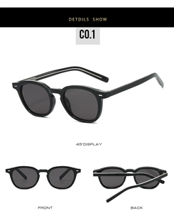 Three-angle display of black TR sunglasses with silver hinge accents and gray lenses