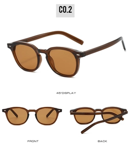 Three-view display of vintage amber round frame sunglasses with tortoise texture