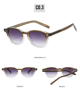Three views of light brown TR90 sunglasses with purple gradient lenses and folding temples