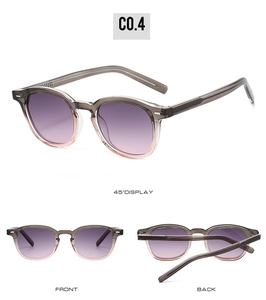 Detailed multi-angle views of TR90 sunglasses with purple gradient lenses and frames