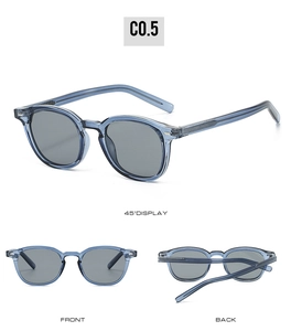 Detailed views of vintage blue TR sunglasses with metallic rivets and UV400 gray lenses