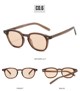 Multiple views of transparent brown retro round frame sunglasses with light tea lenses