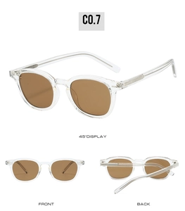 Three perspectives of transparent TR retro round sunglasses with brown lenses