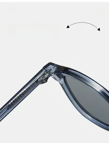 Detail of durable metal hinges on blue transparent TR sunglasses frames for outdoor use