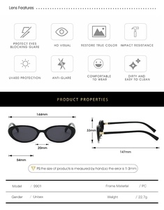 Detailed size chart and dimensions of retro oval frame sunglasses with UV400 lenses