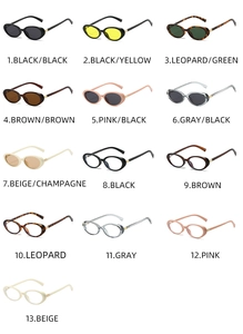 Grid display of oval sunglasses in 13 colors with gold metal hinge details