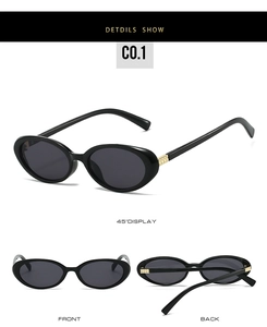 Detailed views of oval black sunglasses with gold pyramid studs from multiple angles