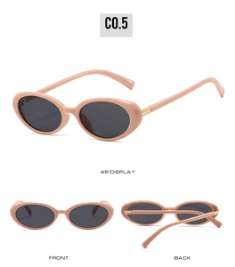 Detail of pink oval sunglasses with gold square rivets and dark lenses from three angles