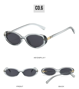 Three-view display of oval gray translucent sunglasses with golden rivet accents
