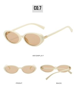 Detailed multi-angle views of cream oval sunglasses with light brown lenses and gold trim