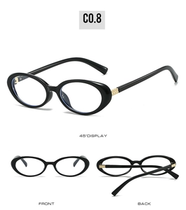 Three-angle view of oval black eyeglasses with gold hinges including front and back display