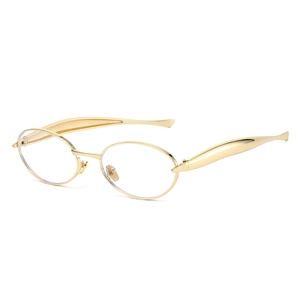 Oval gold metal sunglasses with stylish streamlined temples on a clean white background