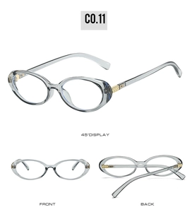 Three views of smoke grey oval frames with elegant gold metal hinge decorations