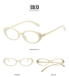 Three views of cream oval glasses showing front, back, and gold hinge rivet detail