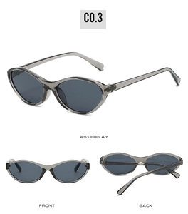 Display a tre viste di occhiali da sole cat-eye retrò grigio traslucido