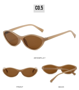 Vista frontale, posteriore e a 45 gradi di occhiali da sole cat-eye beige traslucidi