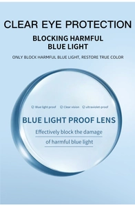 Detail showing blue light proof lens with clear eye protection and UV coating features